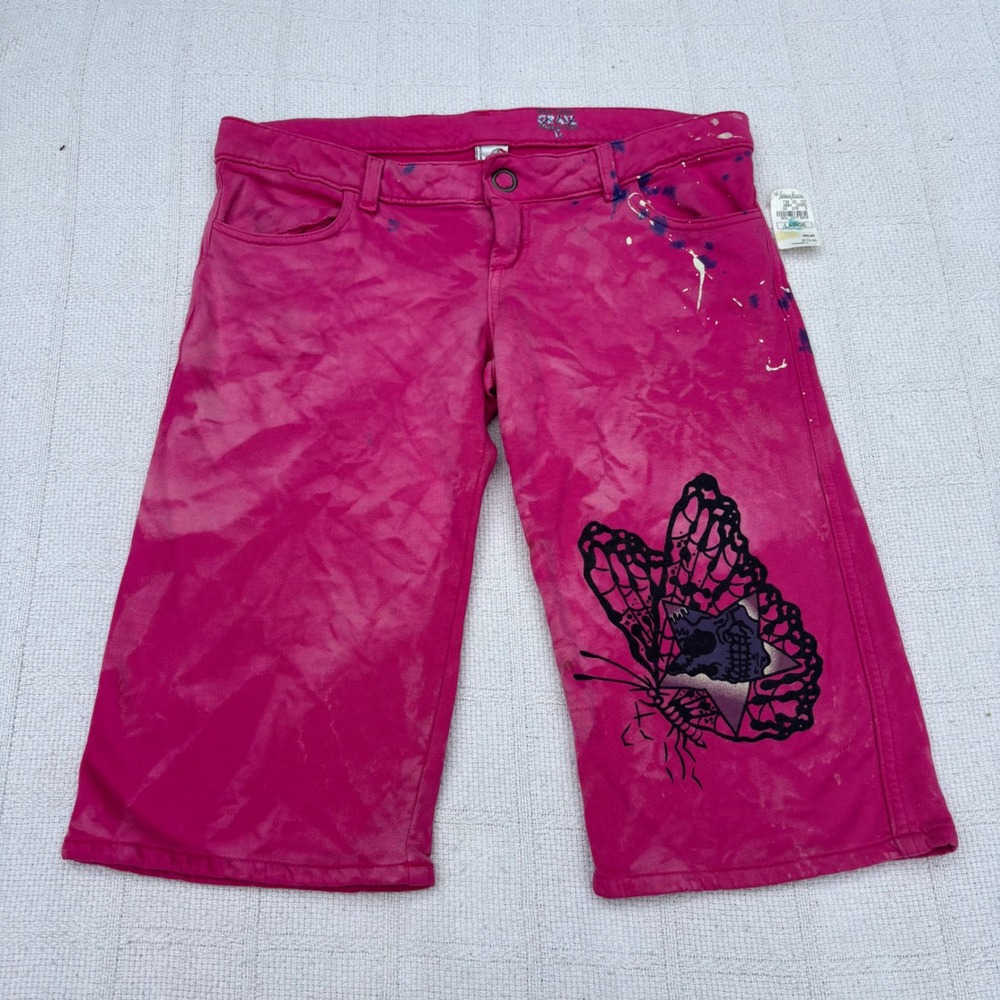 Women's L GRAIL USA Vintage Hot Pink Butterfly Skull Floral Sweat Shorts NWT
